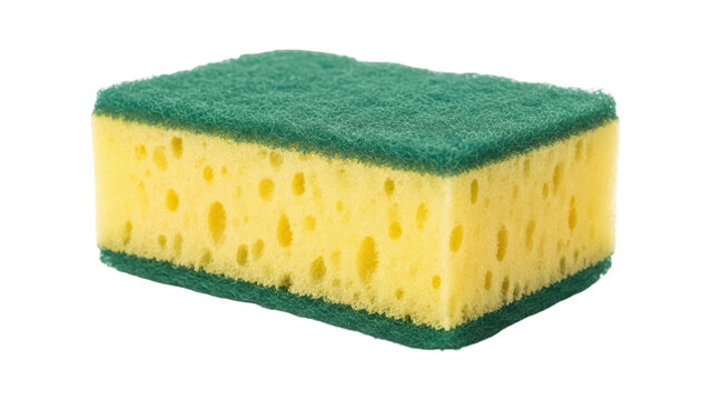 Yellow and green dish sponge isolated PNG, cleaning tool for washing dishes and household chores on transparent background