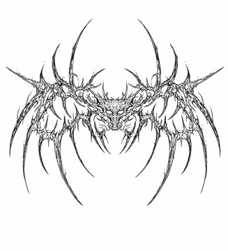 Dragon head with spiked biomechanical wings in neo-tribal gothic line art style, dark and aggressive, ideal for tattoo designs, dark apparel prints, and fantasy branding.