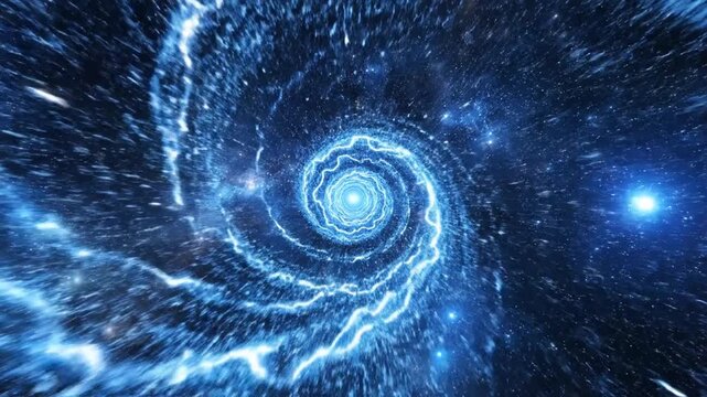 P265-Blue animated abstract spiral background made of glowing particles and energy rays. Bright blue vort 4K 10s