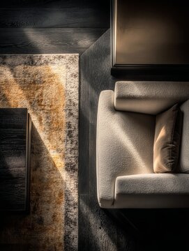 Top-down view of beige carpet on dark oak floor with mid-century chair, vintage interior design photography with warm cinematic lighting