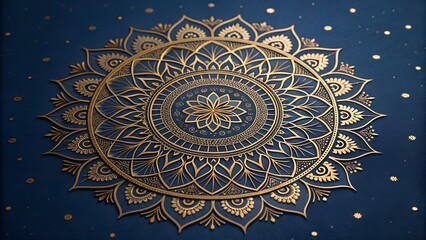 Golden mandala design on dark blue background with floral patterns