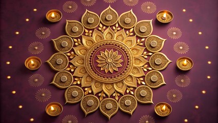 Golden Diwali decorative design with lit diyas on purple background