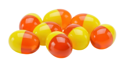 Pile of two-tone candy balls isolated PNG, yellow and orange sweets on transparent background for confectionery and holiday designs