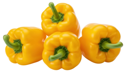 Pile of fresh yellow bell peppers isolated PNG, vibrant vegetables on transparent background for healthy eating and cooking concepts