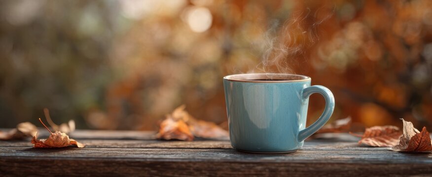 The Blue Mug of Steaming Coffee on a Wooden Table in Autumn Morning Light - Powered by Adobe