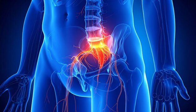 Medical illustration of lower torso with glowing lumbar spine and sacrum indicating inflammation or nerve pain.