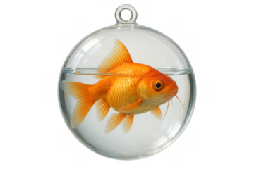 Goldfish swimming in small hanging glass fishbowl, symbolizing confinement, isolation, and limited freedom on transparent background