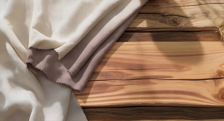 Soft fabrics on rustic wooden background texture