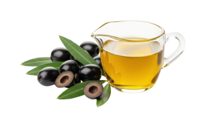 Black olives with olive oil in glass gravy boat isolated PNG, healthy Mediterranean diet ingredient on transparent background