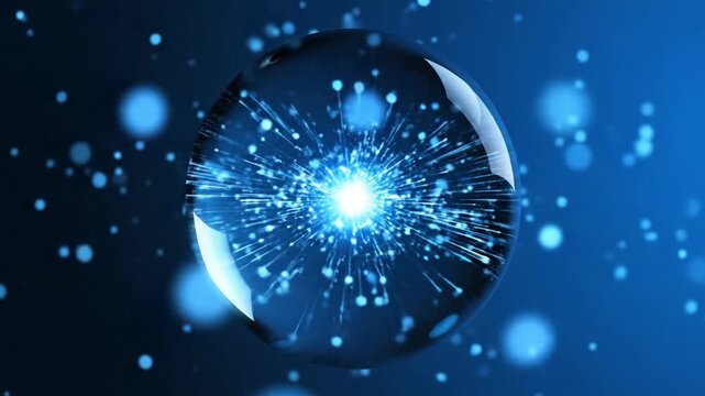 P27-Abstract blue gradient 3d sphere background. Futuristic glass sphere with light reflections and boke 4K 10s