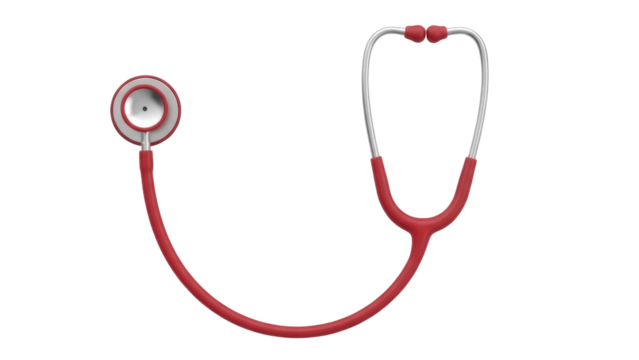 Red stethoscope isolated PNG on transparent background, medical diagnostic tool for healthcare professionals and clinical examination - Powered by Adobe