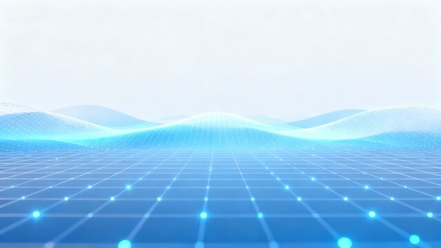 Light blue, high-tech background with a blue and white gradient grid pattern, glowing data points with dynamic ripples, simplified, soft light, minimalist hightech vibe.