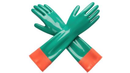 Pair of green and orange rubber gloves isolated PNG, protective gear for cleaning and gardening on transparent background