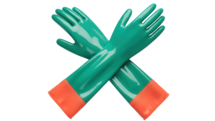 Pair of green and orange rubber gloves isolated PNG, protective gear for cleaning and gardening on transparent background