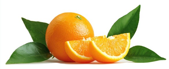 The Orange with Leaves and Slices on White Background for Fresh Healthy Concept