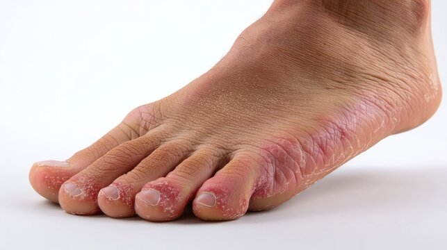 Close-up of human foot with fungal infection showing red and peeling skin, isolated on white background. Medical condition, dermatology, podiatry and healthcare concept.