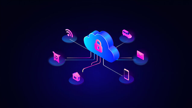Isometric cloud with connected devices and lock symbol computing technology - Powered by Adobe