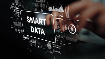 Digital Interface Featuring Smart Data Analytics with Hands Typing on Keyboard in a Modern Workspace. Asymptotic smart data analytic.