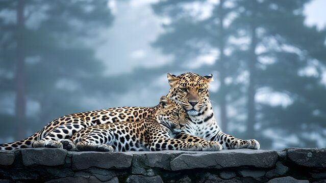 A beautiful leopard mother lying calmly with her cub on a large rock in the Forest