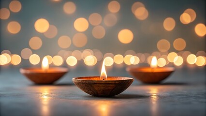 Warm clay diyas with soft candlelight and bokeh lights