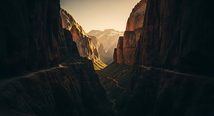 Dramatic canyon landscape with winding road through steep cliffs and mountains at sunrise or sunset with natural light