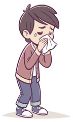 Young boy with a cold blowing his nose into a tissue 1.