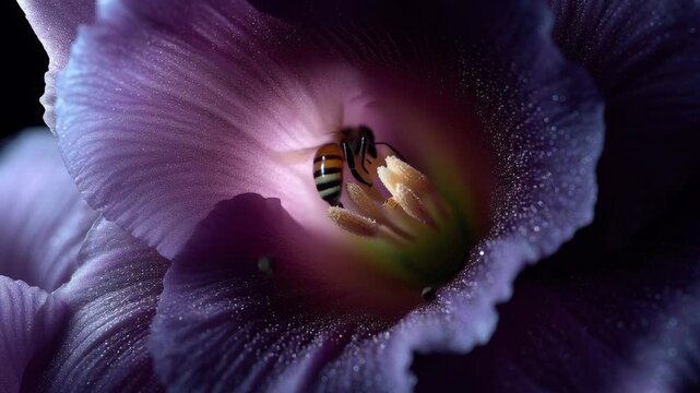 Close look at a bee pollinating a purple flower in a garden setting during sunny afternoon hours