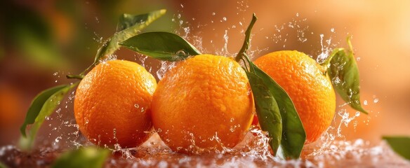 The Oranges Splashing in Water with Fresh Green Leaves and Vibrant Light