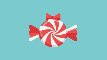 Red and White Swirl Candy with Bow, Wrapped Sweet Treat on Blue Background