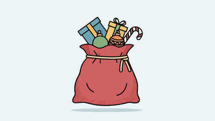 Red Santa Claus Bag Filled with Christmas Gifts, Ornaments, and Candy Cane