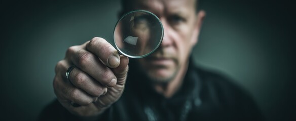 The man holding a magnifying glass investigates close up with intense focused expression