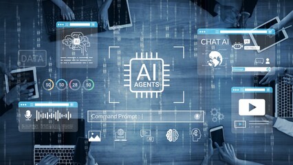 Digital representation of artificial intelligence agents with various technology elements and user interactions showcasing modern data processing and communication tools Gluon.