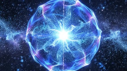 P35-Abstract deep blue sphere of glowing particle waves and energy. Cosmic futuristic 3d sphere in space 4K 10s