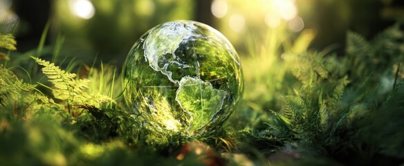 The Earth glass globe resting in lush green ferns under soft sunlight