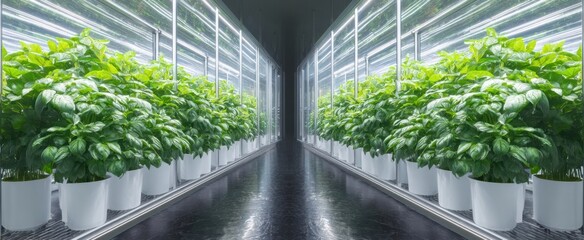 The Basil Plants in a Futuristic Indoor Hydroponic Vertical Farming Corridor with Mirrors