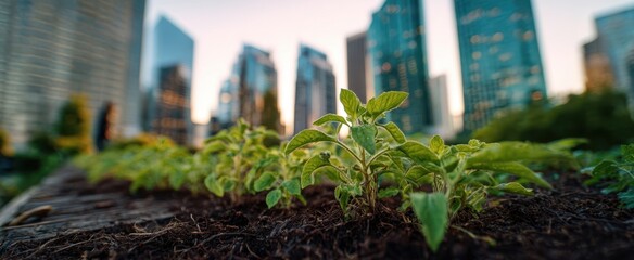 The Seedlings Growing in Urban Soil with City Skyscrapers Blurred in Background