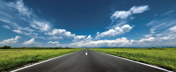 The Road Leading Into A Vast Green Landscape Under A Dramatic Blue Sky