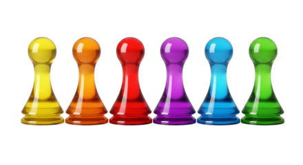 colorful plastic chess pawns in a row on white background