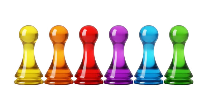 colorful plastic chess pawns in a row on white background