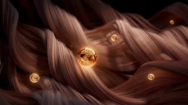 Microscopic 3D rendering illustrating the advanced benefits of cosmetic care, showcasing active ingredients enriching hair fibers for superior hair care and enhanced beauty