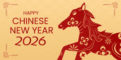 Happy Chinese new year 2026 , modern design set in red, gold and white colors , Year of the horse zodiac , Asia oriental traditional ornament, frame and border ,