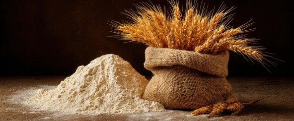 The Wheat Sack and Pile of Flour in Rustic Still Life Setting