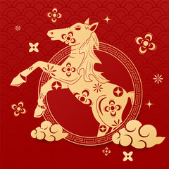 Happy Chinese new year 2026 , modern design set in red, gold and white colors , Year of the horse zodiac , Asia oriental traditional ornament, frame and border ,