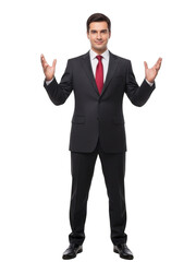 Businessman presenting with open arms isolated on transparent background