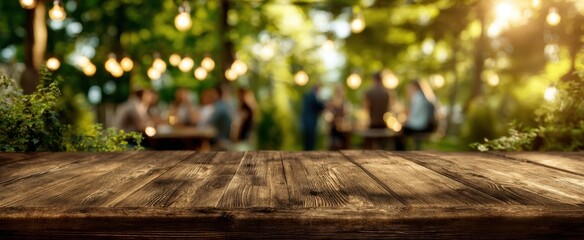 The Wooden Table in Foreground at a Warm Outdoor Evening Party with Lights