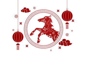 Happy Chinese new year 2026 , modern design set in red, gold and white colors , Year of the horse zodiac , Asia oriental traditional ornament, frame and border ,