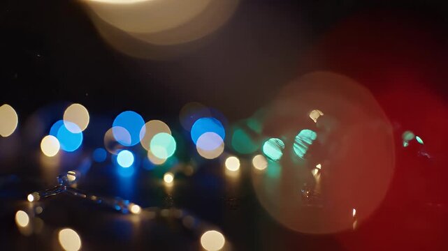 Bokeh of Colorful String Lights - This video showcases a strand of festive string lights against a dark backdrop.