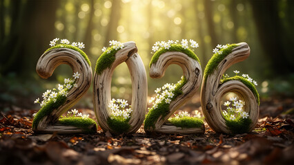 Eco wooden 2026 numbers with green moss and flowers in sunny forest
