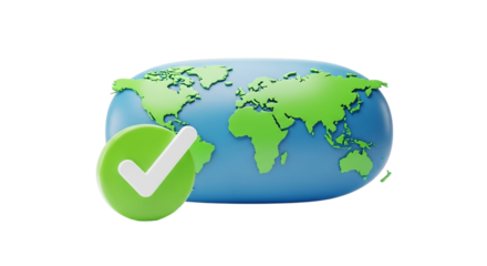 Green checkmark on a blue and green world map globe