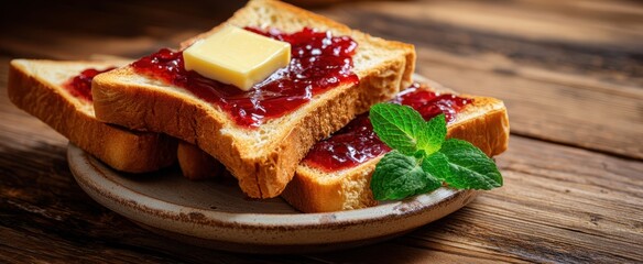 The Toast with Berry Jam and Butter Pat on Rustic Wooden Plate